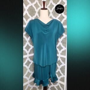 Donna Ricco Vintage Turquoise 2-Piece Cowl Neck Top and Flared Skirt Set Size 12